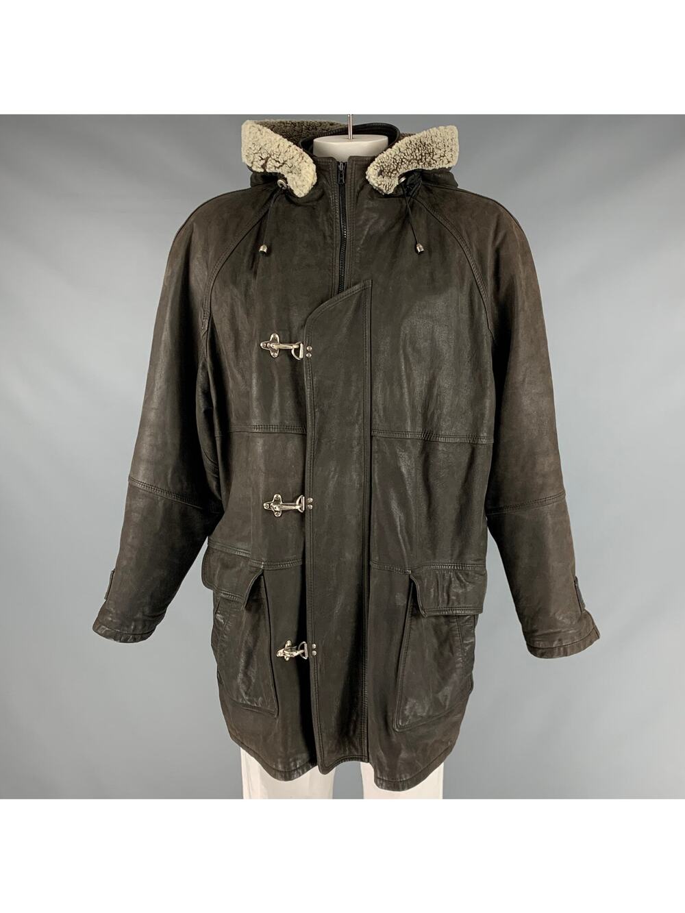 BALLY Size 48 Grey Green Leather Nautical Coat